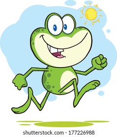 Cute Green Frog Cartoon Character Running Outdoor. Vector Illustration Isolated on white