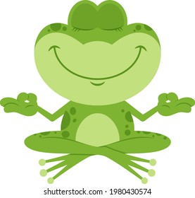 Cute Green Frog Cartoon Character Meditates. Vector Flat Design Illustration Isolated On Transparent Background