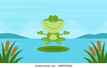 Cute Green Frog Cartoon Character Meditates. Vector Flat Design Illustration With Landscape Background