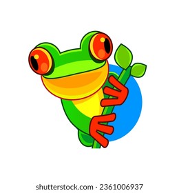 Cute green frog cartoon character isolated on white background