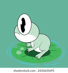 Cute green frog cartoon character sitting on lotus leaf isolated on green background