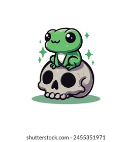 cute green frog cartoon character sitting on a skull vector illustration template design