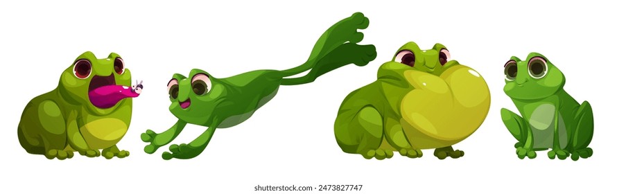 Cute green frog cartoon character in different poses. Vector illustration set of funny toad sit and croak, jump and eat by catching insect with tongue. Cheerful amphibian pond or swamp animal.