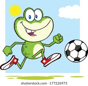 Cute Green Frog Cartoon Mascot Character Playing With Soccer Ball. Vector Illustration Isolated on white
