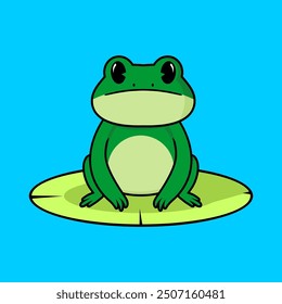 Cute green frog cartoon sitting on a leaf illustration 