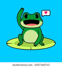 Cute green frog cartoon sitting on a leaf waving illustration 