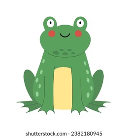 Cute green frog in cartoon style. Smiling toad isolated on white background. Funny character for kids design. Vector illustration