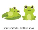 Cute green frog character collection in flat vector style sitting on lotus leaf for kids illustration