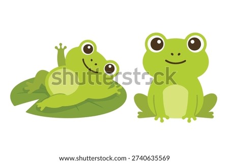 Cute green frog character collection in flat vector style sitting on lotus leaf for kids illustration