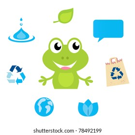 Cute green Frog character, Ecology, Nature and Water icons and symbols