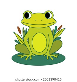 Cute green frog character isolated on white background. Vector cartoon illustration.