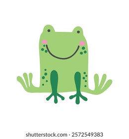 Cute green frog with a cheerful smile on a white background. Whimsical and fun, ideal for kids' illustrations, playful designs, and animal-themed decor.