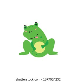 Cute green frog. A cheerful frog is smiling. Children's animal character. Vector editable illustration
