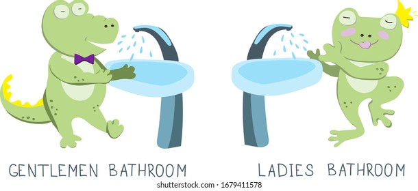 Cute green frog and crocodile is washing their hands under tap in bathroom. The Restroom Symbols for children in public place. Flat illustration with character on white background