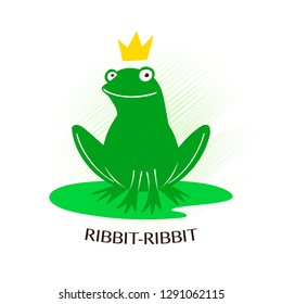Cute green frog with crown isolated on white background