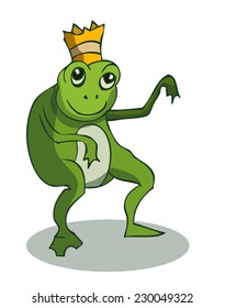 Cute Green Frog with a Crown on his Head, in a Weird Dancing Pose. Vector illustration isolated on White Background. 