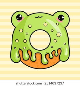 Cute green frog donut with drops of falling glaze. Funny card with cartoon kawaii character sweet food. Vector illustration. Kids collection