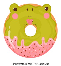 Cute green frog donut with pink icing, tasty sweets for kids in cartoon childish style isolated on white background