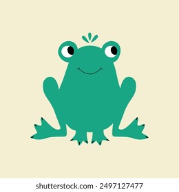 Cute green frog drawn vector illustration. Isolated anuran character in flat style for kids poster or icon.