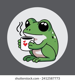 cute green frog drinking coffee