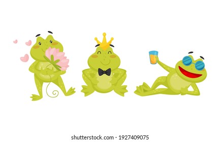 Cute Green Frog Drinking Juice, Holding Water Lily and Wearing Crown Vector Set