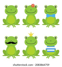 Cute green frog with flower, crown, bow, mustache cartoon character isolated on white background