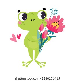 Cute Green Frog Gardener Holding Bunch of Flowers Vector Illustration