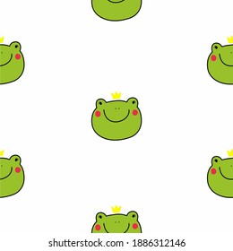 Cute green frog in gold crown, seamless pattern, perfect for applying on fabric, wrapping paper or for children's room decor