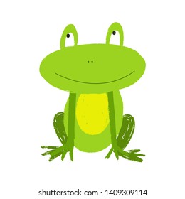 Cute green frog. Hand drawn kids illustration. Smiling animal. Isolated on white background. Wild life.