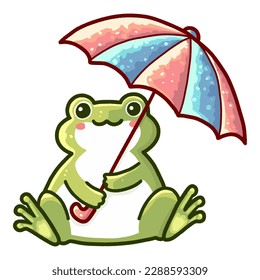 A cute green frog holding a colorful umbrella. Vector illustration on white background.