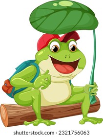 Cute green frog holding leaves illustration