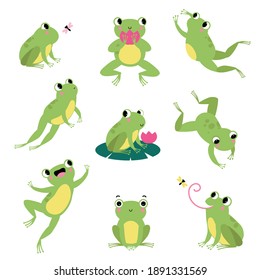 나뭇잎 위에 앉아 날아다니는 귀여운 녹색 개구리 점프, 날아다니는 벡터 세트