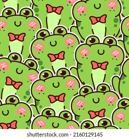 Cute Green Frog. Kawaii Seamless Pattern.