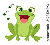 A cute green frog with large eyes and an open mouth singing, with musical notes around. The little frog is sitting and sings a happy song. Hand drawn trendy flat style isolated vector illustration
