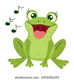 A cute green frog with large eyes and an open mouth singing, with musical notes around. The little frog is sitting and sings a happy song. Hand drawn trendy flat style isolated vector illustration