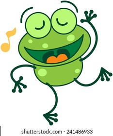 Cute green frog with long legs while closing its bulging eyes, showing a musical note and dancing animatedly