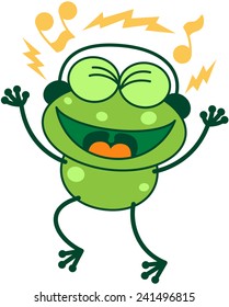 Cute green frog with long legs while clenching its bulging eyes, smiling, having fun and listening to music thanks to its headphones