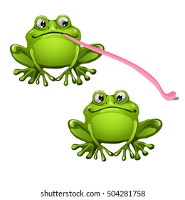 Cute green frog with long pink tongue isolated on white background. Vector cartoon close-up illustration.
