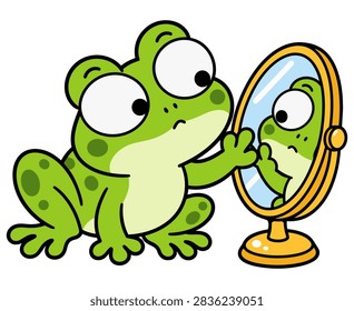 Cute green frog looking at its reflection in a mirror, kawaii cartoon illustration.