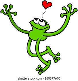 Cute Green Frog In Love While Extending Its Arms For Giving A Big Hug, Smiling Enthusiastically And Showing A Red Heart Above Its Head