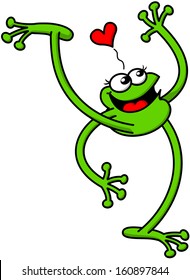 Cute green frog in love while raising an arm and a leg high, smiling enthusiastically and showing a red heart above its head