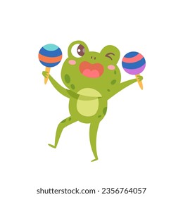 Cute green frog playing maracas vector illustration. Cartoon isolated funny animal holding Mexican shakers to play music rhythm on carnival in Mexico, froggy character with percussion instrument