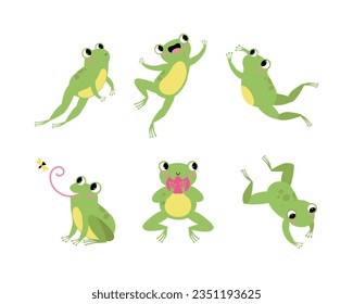 Cute Green Frog with Protruding Eyes Vector Illustration Set