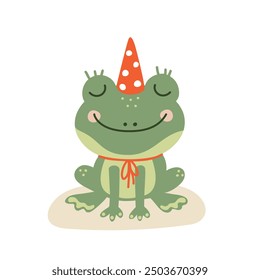 cute green frog in a red cap, vector illustration flat style