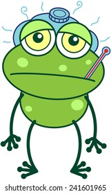 Cute green frog and sad bulging eyes   long legs while showing thermometer in its mouth  an ice pack above its head   feeling sick 