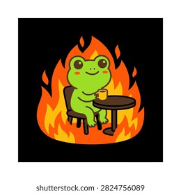 A cute green frog sits calmly while drinking hot coffee