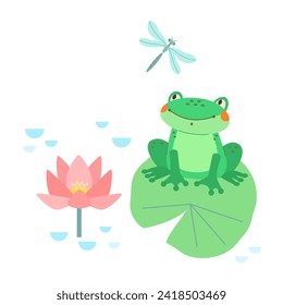 Cute green frog sits on water lily leaf in pond with blooming lotus flowers and looks at flying dragonfly. Vector baby illustration on white isolated background.