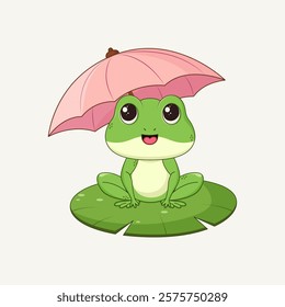 Cute green frog sits on a water lily leaf under an umbrella. Vector illustration