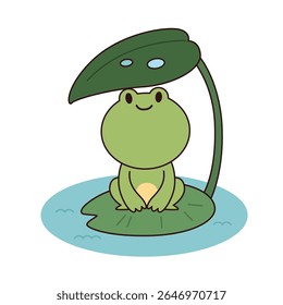cute green frog sits on lily pad, sheltering under large green leaf. flat cartoon style vector illustration isolated on white background