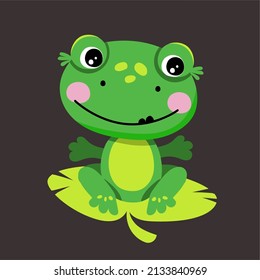 A cute Green Frog is sitting on a lotus leaf. Isolated vector illustration 